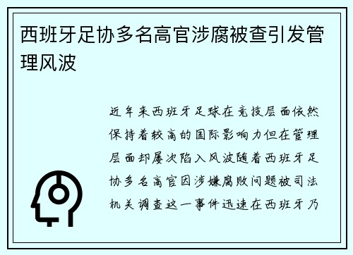 西班牙足协多名高官涉腐被查引发管理风波 西班牙足协多名高官涉腐被查引发管理风波